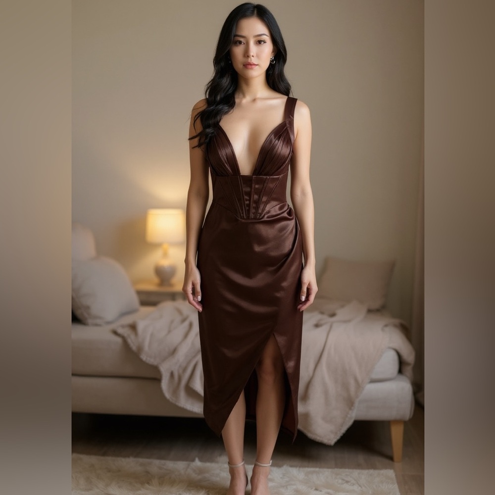 Blake Riley & Co Chocolate Brown Satin Body Con Corset Midi Dress Size S NWOT